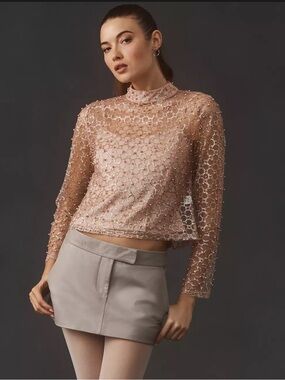 NWT Anthropologie Blue Tassel Pink/Rose Sheer Pearl Blouse (*Without Cami)